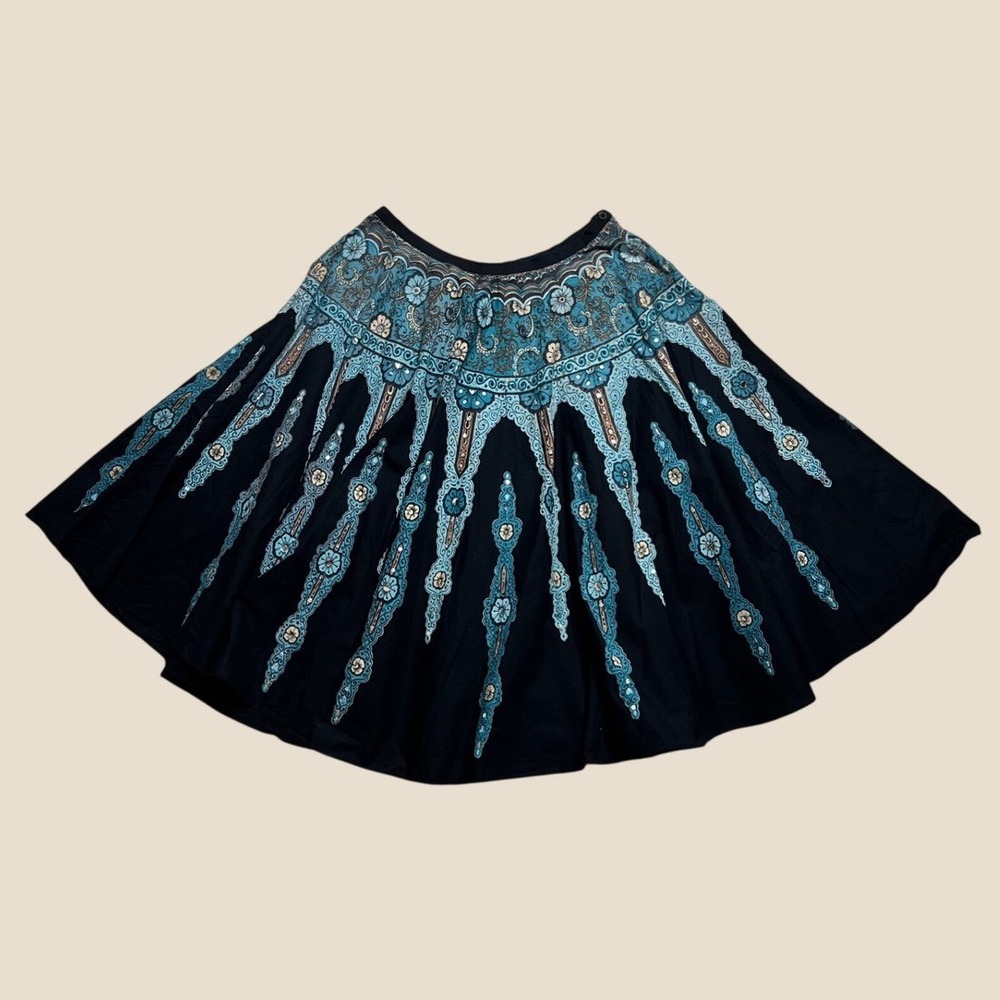 Angie Y2K Hippie Boho Mirror Bead Paisley Midi Skirt Black Teal Cotton Womens M